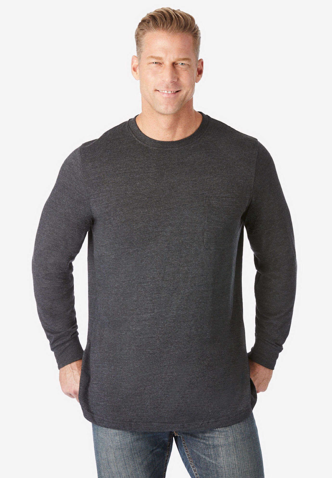 Shrink-Less™ Lightweight Long-Sleeve Crewneck Pocket T-Shirt, , alternate image number 3