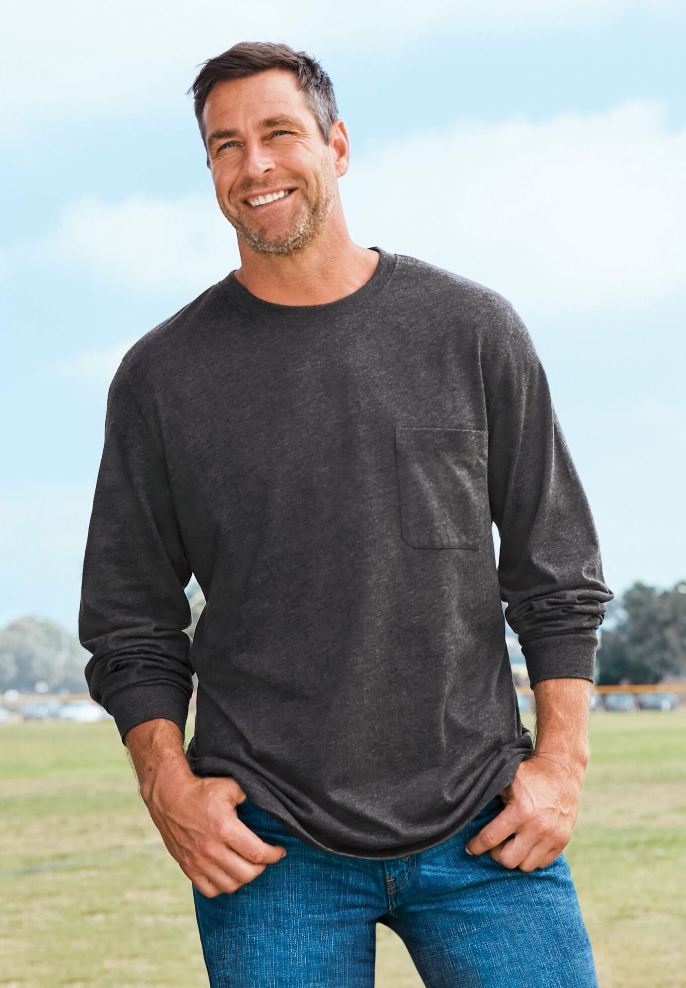Shrink-Less™ Lightweight Long-Sleeve Crewneck Pocket T-Shirt, , alternate image number 4
