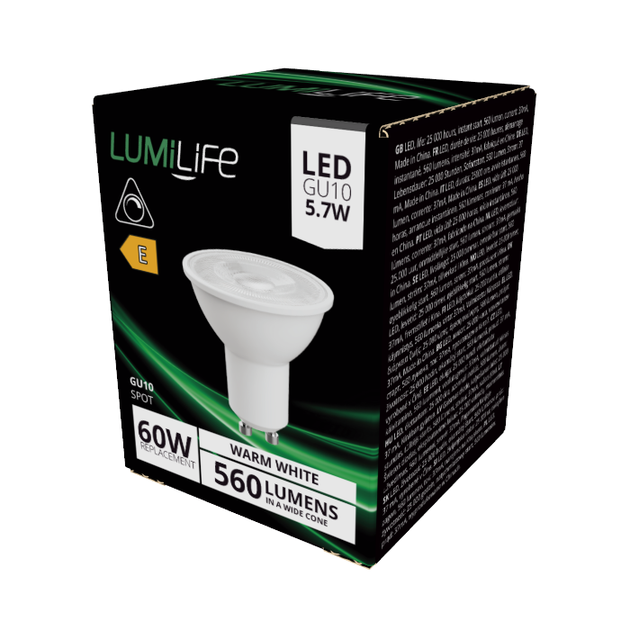 LUMiLiFe 5.7W GU10 LED Spotlight - Wide Beam - Dimmable - 560lm - 2700K