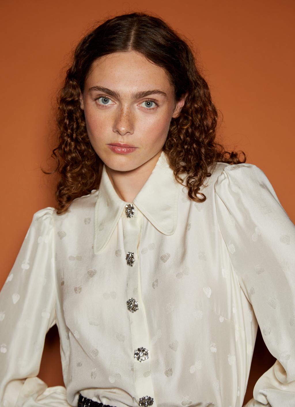 Sonya Cream Silk Fruit Jacquard Blouse